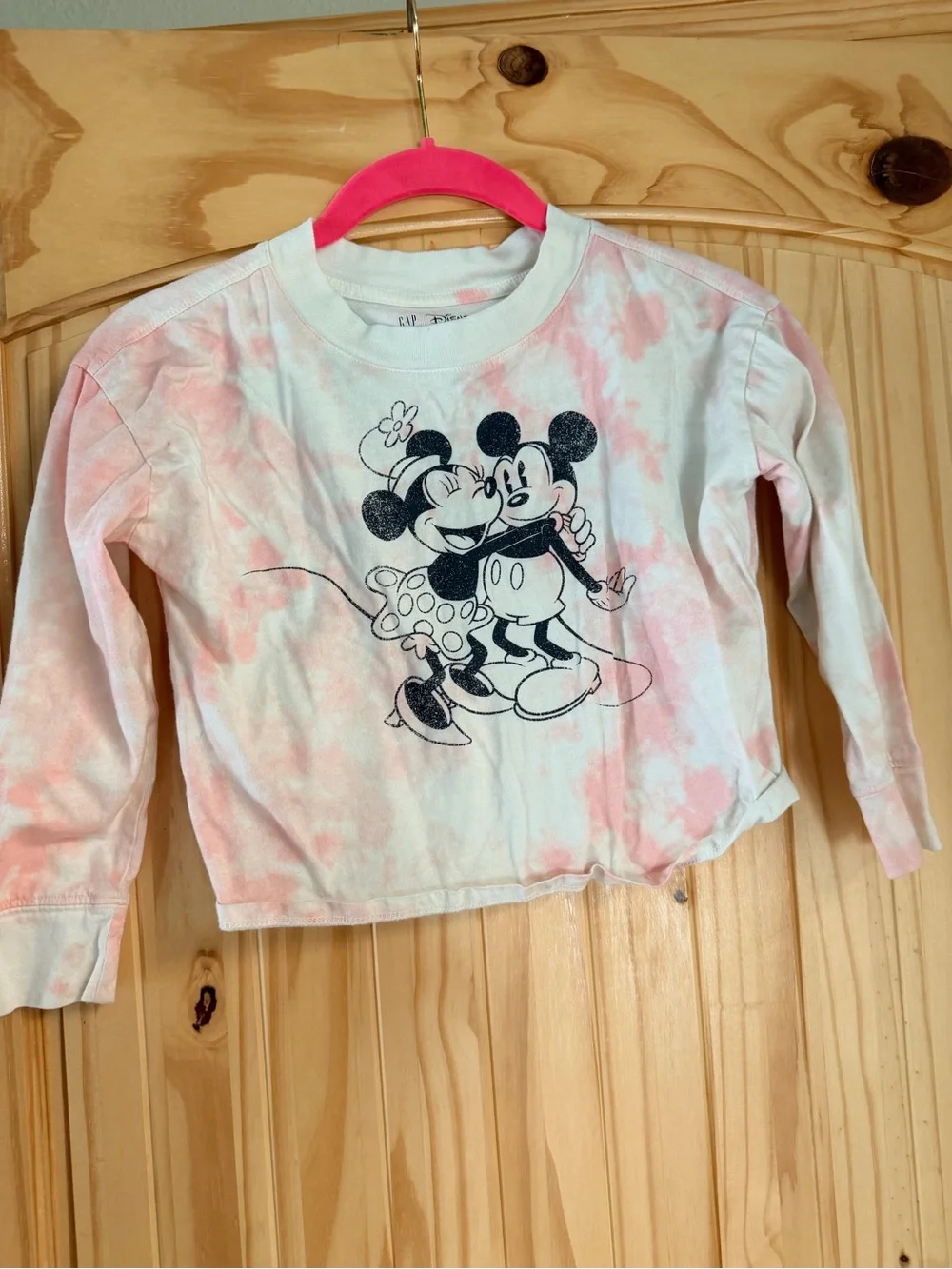 GAP Kids Long Sleeve Tee with Pink Tie-Dye and Black Mickey & Minnie Print